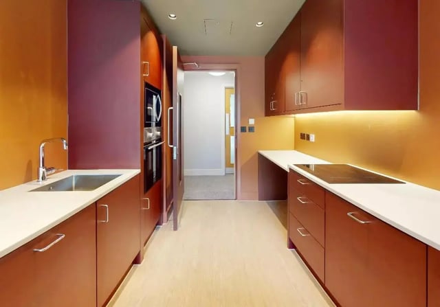 Modern kitchen with stainless steel sink and appliances kitchen at iQ Hoxton in London Student Accommodation
