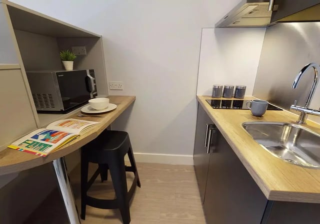 Microwave bowl stool book sink mug kitchen at iQ Hoxton in London Student Accommodation