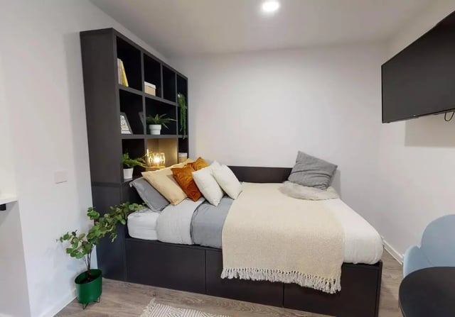 Bed with pillows bookshelf and plant bedroom at iQ Bloomsbury in London Student Accommodation