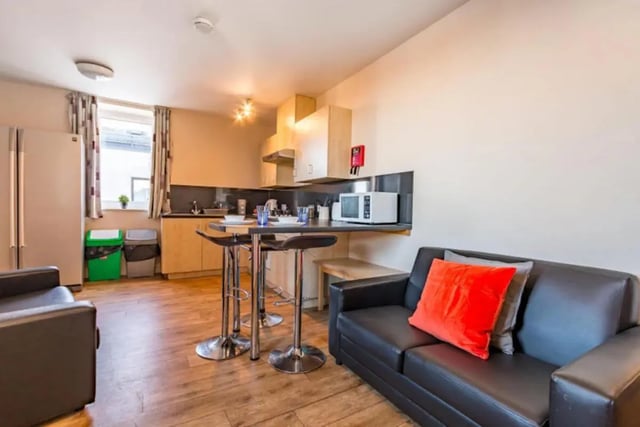 Sofa microwave bar stools and kitchen living room at Chambers 51 in Wolverhampton Student Accommodation