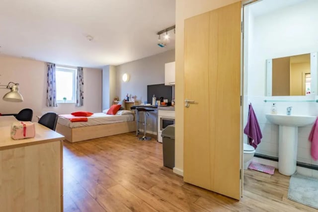 Bed desk kitchen area and bathroom bedroom at Chambers 51 in Wolverhampton Student Accommodation