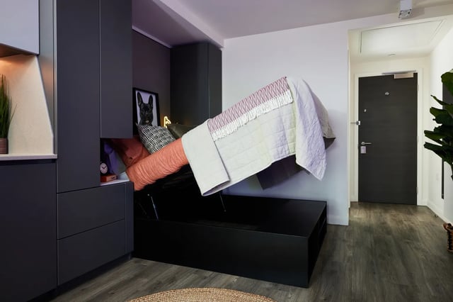 Bed with storage frame and dog picture Bedroom at Vita Student Manchester Circle Square in Manchester Student Accommodation