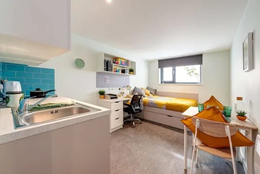 Kitchen sink bed desk study area living room at Carrick View in Falmouth Student Accommodation