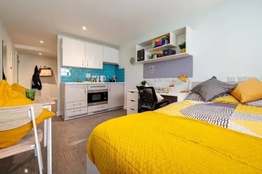 Bed study desk kitchen area and table living area at Carrick View in Falmouth Student Accommodation