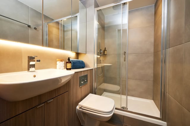 Modern bathroom with sink toilet and shower. Bathroom at Vita Student Newcastle Strawberry Place in Newcastle Upon Tyne Student Accommodation