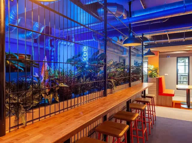 Bar seating with plants and neon lights lounge area at The Bridge Guildford in Guildford Student Accommodation