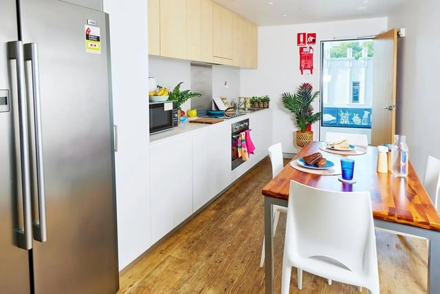 Stainless steel fridge microwave counter with fruit wooden table kitchen kitchen at Scape Cleveland in Sydney Student Accommodation