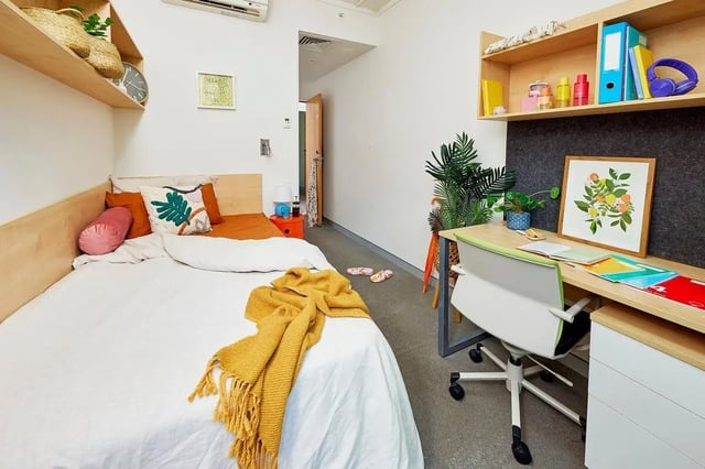 Bed desk shelves and plant bedroom study area at Scape Cleveland in Sydney Student Accommodation