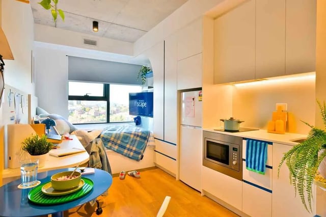 Bed kitchen microwave and fridge studio apartment at Scape Kingsford in Sydney Student Accommodation