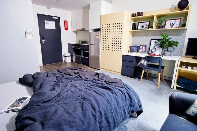 Bed kitchen desk and storage studio apartment. at Scape Darling Square in Sydney Student Accommodation