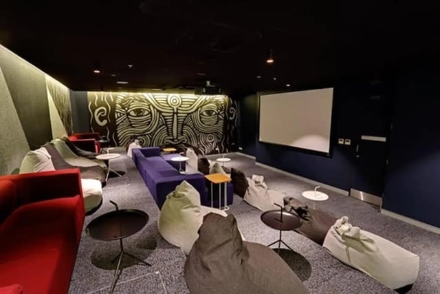 Beanbag chairs couches and movie screen cinema room at Scape Darling Square in Sydney Student Accommodation