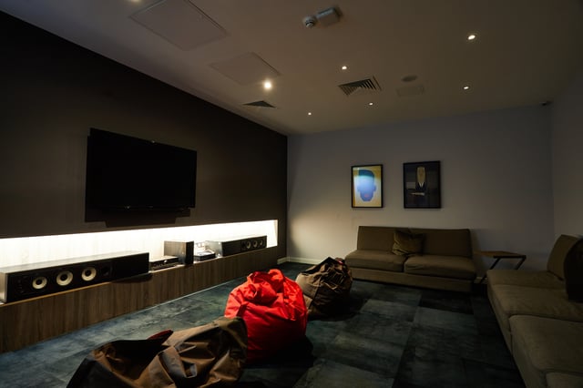 Television sound system bean bags and sofa living room at Vita Student Newcastle Westgate in Newcastle Upon Tyne Student Accommodation