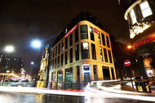Vita Student building at night exterior at Vita Student Newcastle Westgate in Newcastle Upon Tyne Student Accommodation