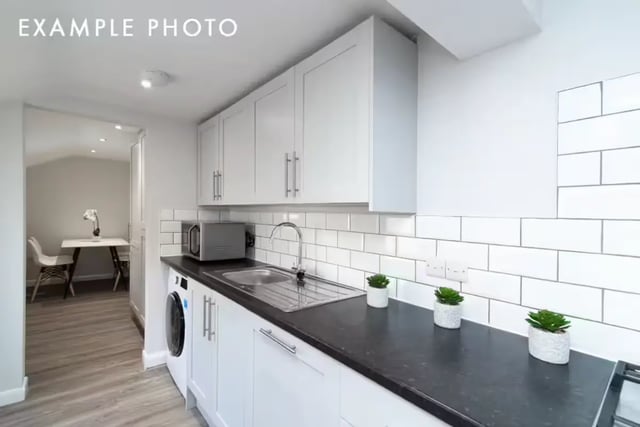 Modern kitchen with microwave washing machine plants kitchen at 80 Beresford Street in Stoke-On-Trent Student Accommodation