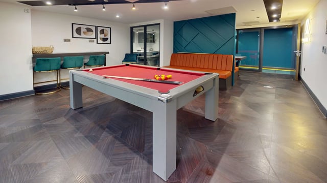 Pool table with balls and cues communal area at The Residence in Coventry Student Accommodation
