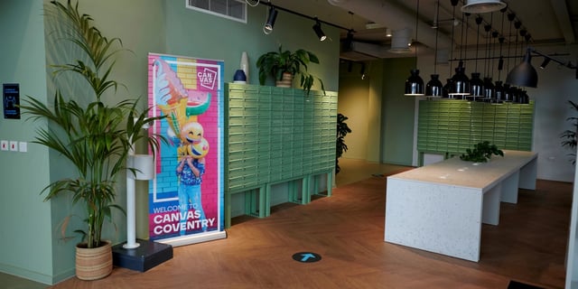 Mailboxes and communal table in reception area at Canvas Coventry Arundel House in Coventry Student Accommodation