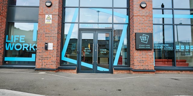 Brick building with glass doors and windows exterior at Canvas Coventry Arundel House in Coventry Student Accommodation