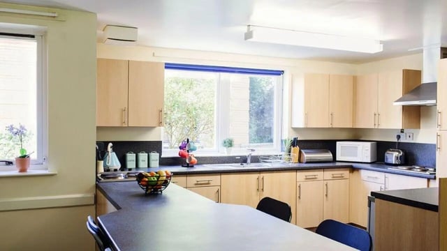 Kitchen with cupboards microwave toaster kettle and fruit kitchen at Queen's Hospital Close in Birmingham Student Accommodation