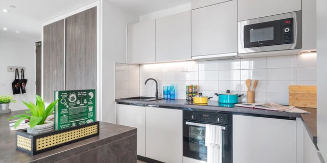 Microwave oven sink pots and plants kitchen at Canvas Coventry City Club in Coventry Student Accommodation