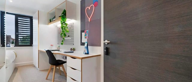 Desk chair neon heart plant and window study area at 27 Magdalen Street in Colchester Student Accommodation
