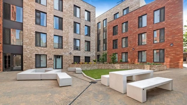 Modern buildings with seating areas exterior at 27 Magdalen Street in Colchester Student Accommodation