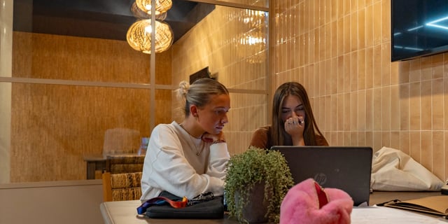 Two students laptop and plants study area at Canvas Manchester in Manchester Student Accommodation