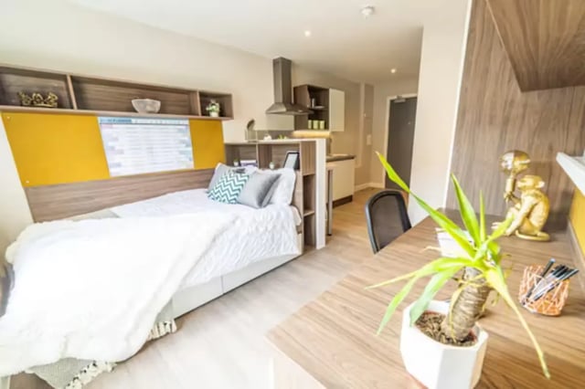 Bed with shelves and kitchenette student room at Brewer's Court in Edinburgh Student Accommodation