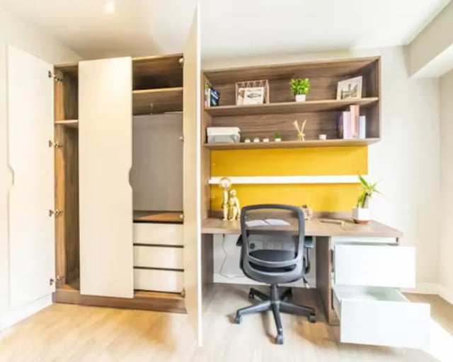 Wardrobe desk shelves chair study area at Brewer's Court in Edinburgh Student Accommodation