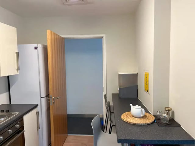 Refrigerator counter and doorway kitchen at Emily Bowes Court in London Student Accommodation