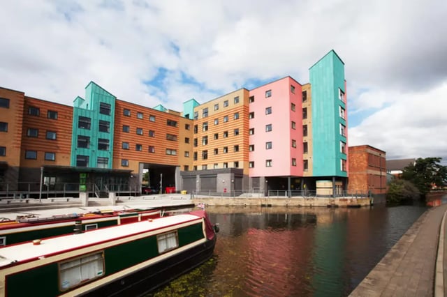 Modern apartment building with colorful facades canal exterior at Waterways in Loughborough Student Accommodation