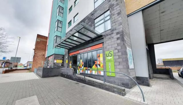 Waterways building entrance glass doors exterior at Waterways in Loughborough Student Accommodation