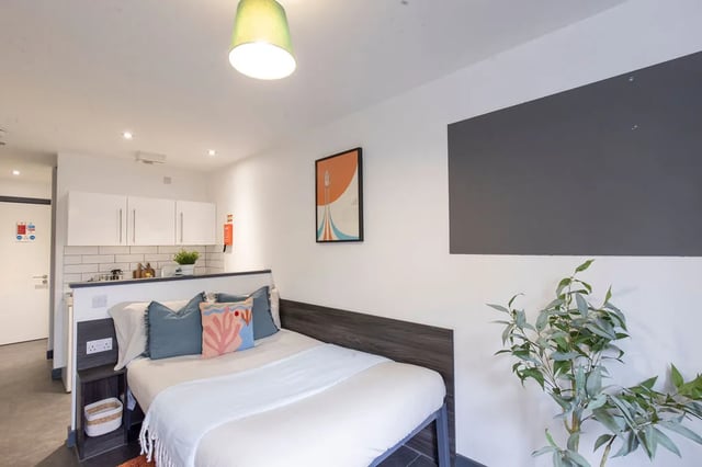 Bed with pillows kitchen area and plant studio at The Foundry Newcastle in Newcastle Upon Tyne Student Accommodation