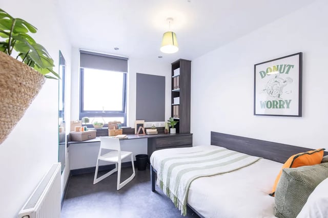 Bed desk chair plant and poster bedroom at The Foundry Newcastle in Newcastle Upon Tyne Student Accommodation