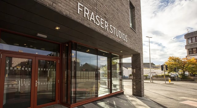 Fraser Studios entrance with large windows and doors exterior at Fraser Studios in Aberdeen Student Accommodation