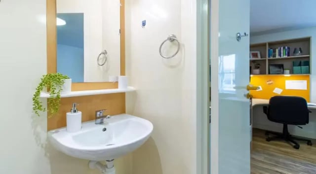 Sink plant dispenser soap desk and chair study area at Iron Bridge Studios in Exeter Student Accommodation