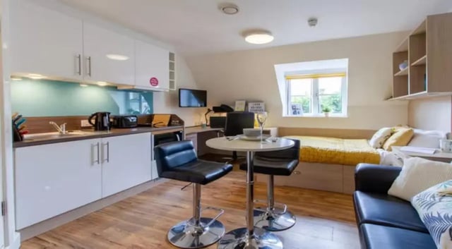 Kitchen study area bedroom living room exterior at Iron Bridge Studios in Exeter Student Accommodation