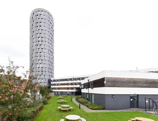 Modern accommodation buildings with round tower exterior at The Summit Leicester in Leicester Student Accommodation