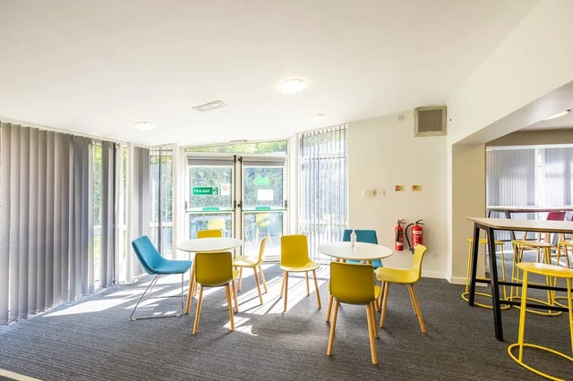 Colorful chairs and tables student common area at Charlotte Court in Sheffield Student Accommodation