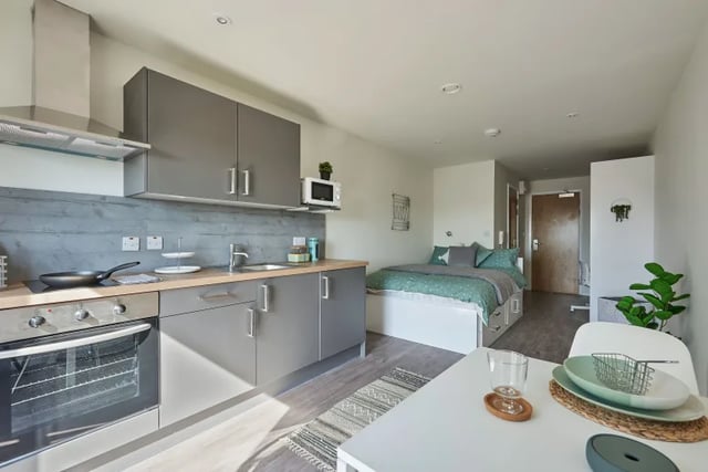 Kitchen area bed and table student studio at The Bank Southampton in Southampton Student Accommodation