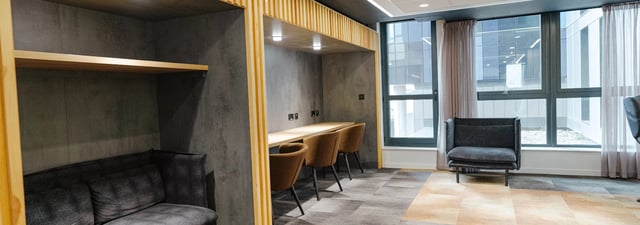 Sofa booth desk chairs lounge area living room at Chapter Ealing in London Student Accommodation
