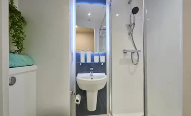 Sink shower and toilet bathroom at York House in Nottingham Student Accommodation