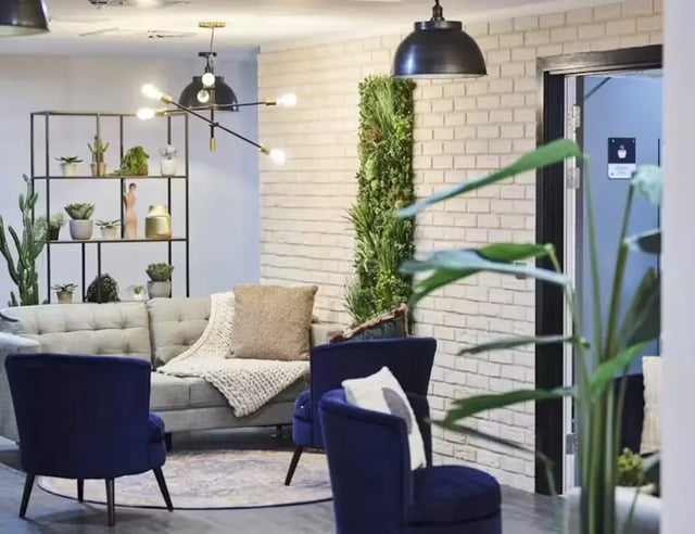 Sofa shelf plants blue chairs living room at York House in Nottingham Student Accommodation