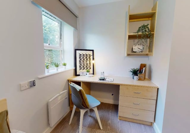 Desk chair plants framed art and clock study area at iQ Student Quarter in Salford Student Accommodation