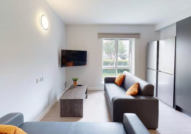 Sofa television and fridge living room at iQ Student Quarter in Salford Student Accommodation
