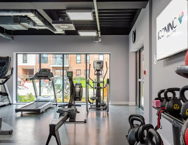 Gym with treadmill rowing machine and weights gym at The Glassworks - Leeds in Leeds Student Accommodation