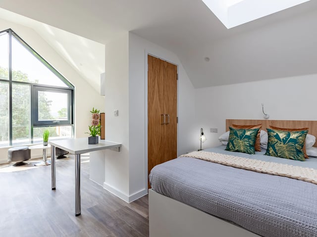 Bed desk skylight large window bedroom at Hill View Place in Exeter Student Accommodation