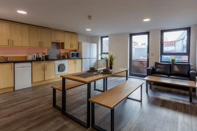 Kitchen dining area and living room living room at Central Place in Sheffield Student Accommodation