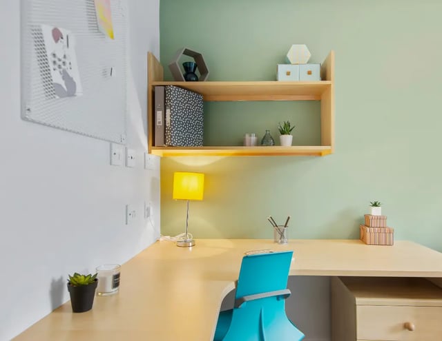 Desk with lamp binder and plants study area at Iconinc The Triangle in Leeds Student Accommodation