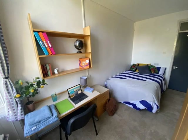 Desk bed shelf laptop books Globe bedroom at St Mary's Newcastle in Newcastle Upon Tyne Student Accommodation