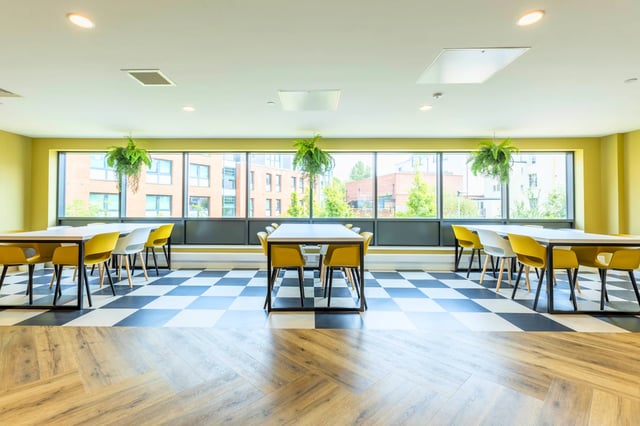 Tables and yellow chairs with plants Communal area at Clifford House in Exeter Student Accommodation